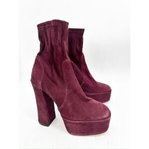Stuart Weitzman Sky High Platform Heeled Suede Ankle Booties Cabernet Red Size 7